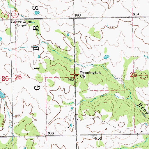 Topographic Map of Pennington Church, OK