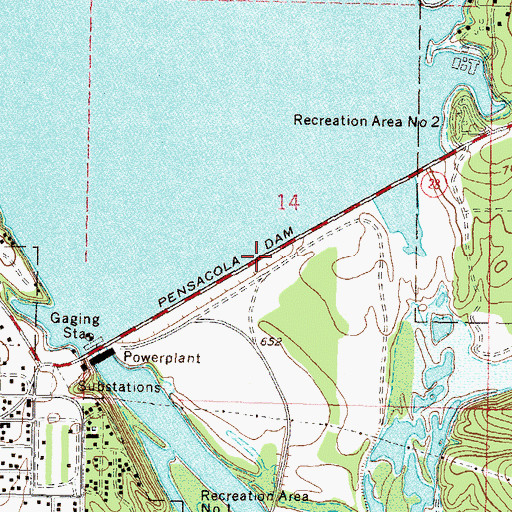 Topographic Map of Pensacola Dam, OK