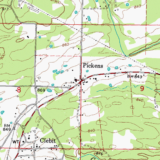 Topographic Map of Pickens, OK