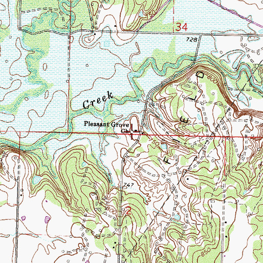 Topographic Map of Pleasant Grove Church, OK