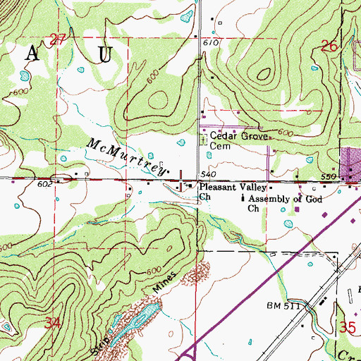 Topographic Map of Pleasant Valley Church, OK