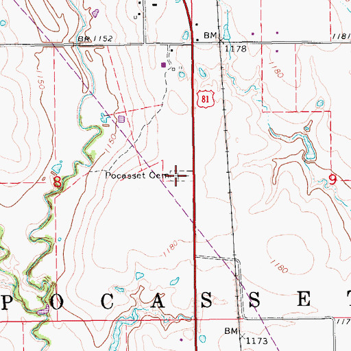 Topographic Map of Pocasset Cemetery, OK