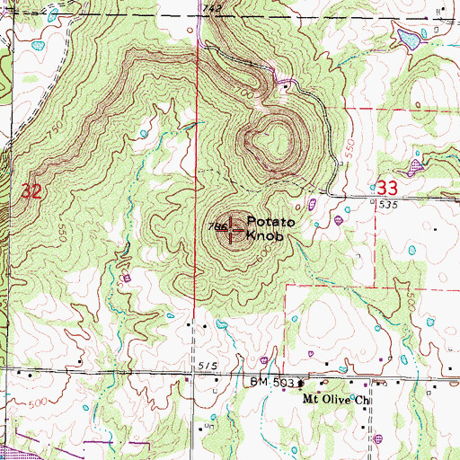 Topographic Map of Potato Knob, OK
