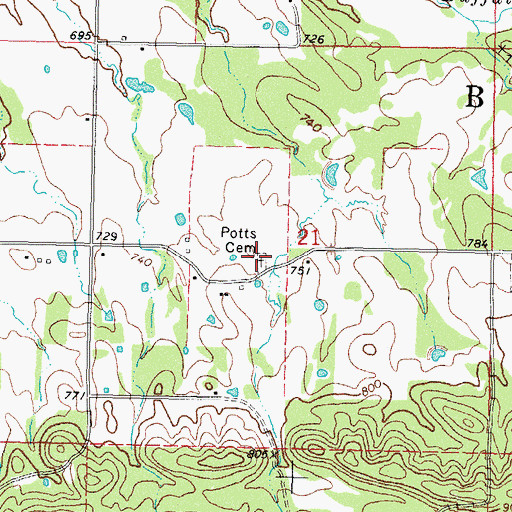 Topographic Map of Potts Cemetery, OK