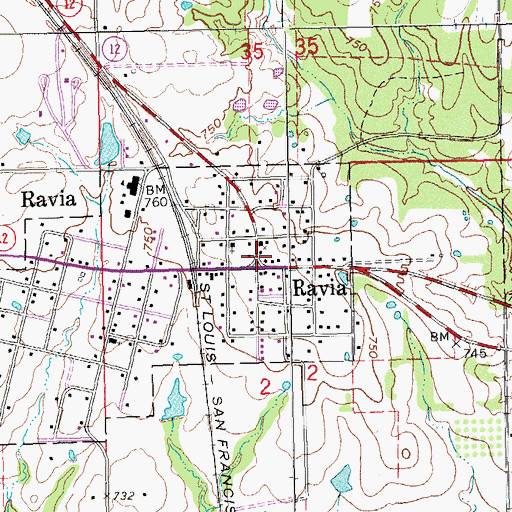 Topographic Map of Ravia, OK