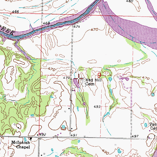 Topographic Map of Red Hill Cemetery, OK