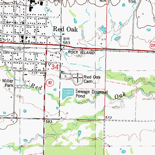 Topographic Map of Red Oak Cemetery, OK