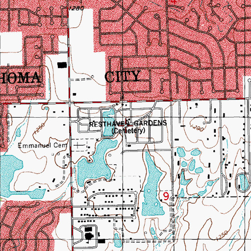 Topographic Map of Resthaven Gardens Cemetery, OK