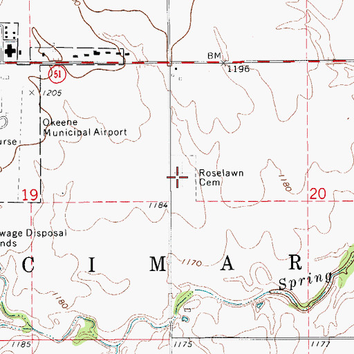 Topographic Map of Roselawn Cemetery, OK