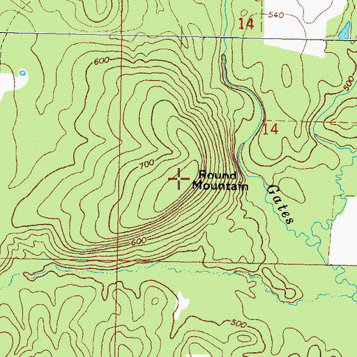 Topographic Map of Round Mountain, OK