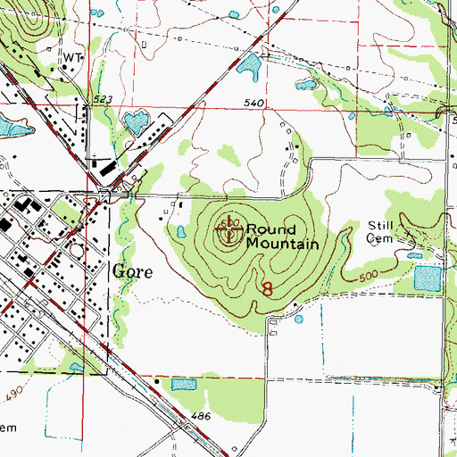 Topographic Map of Round Mountain, OK