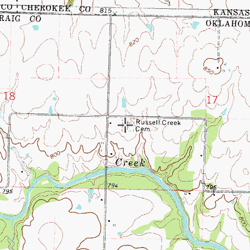 Topographic Map of Russell Creek Cemetery, OK