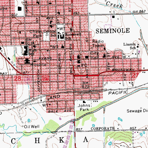 Topographic Map of Seminole, OK