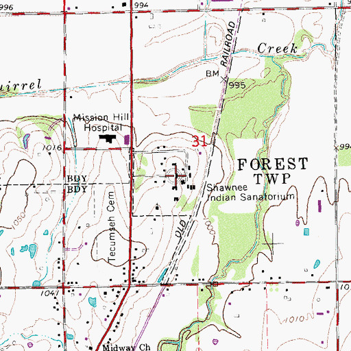 Topographic Map of Shawnee Indian Sanatorium, OK