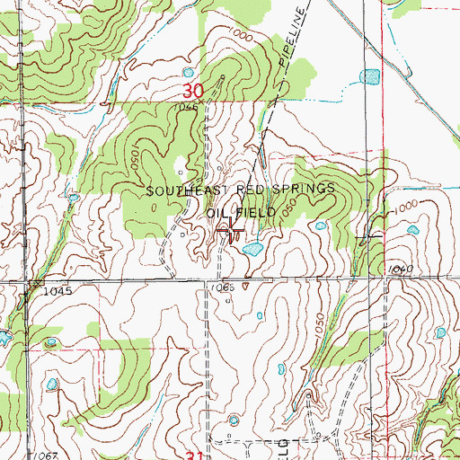 Topographic Map of Southeast Red Springs Oil Field, OK