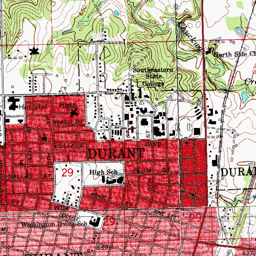 Topographic Map of Southeastern Oklahoma State University, OK