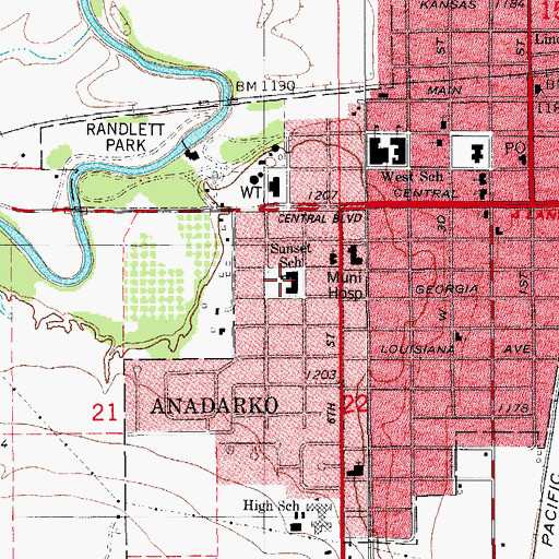 Topographic Map of Sunset Elementary School, OK