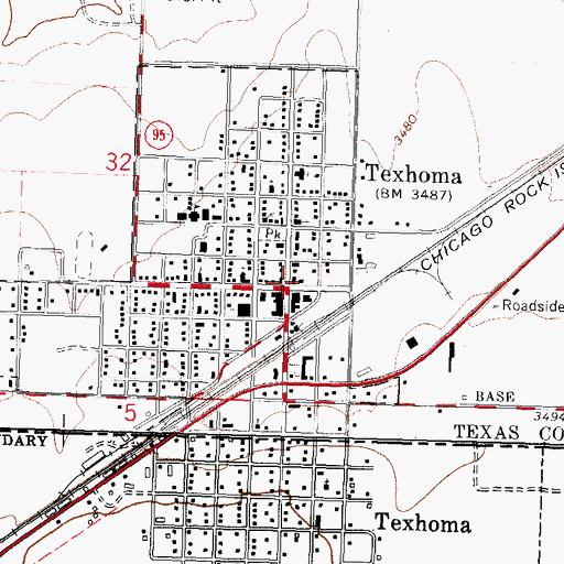 Topographic Map of Texhoma, OK