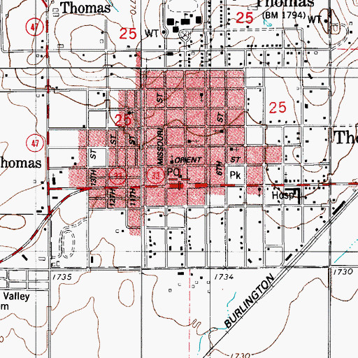 Topographic Map of Thomas, OK