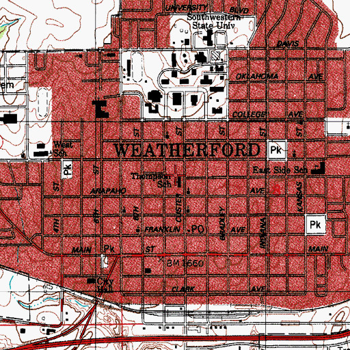Topographic Map of Weatherford Middle School, OK