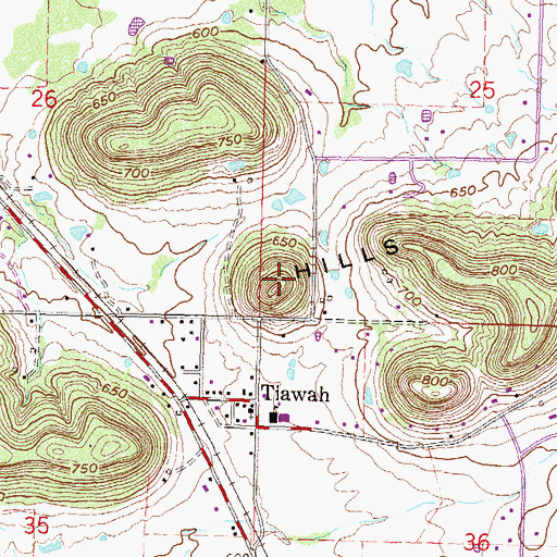 Topographic Map of Tiawah Hills, OK