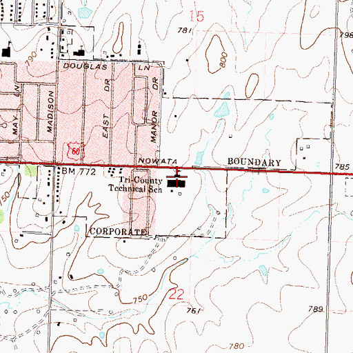 Topographic Map of Tri County Technology Center, OK