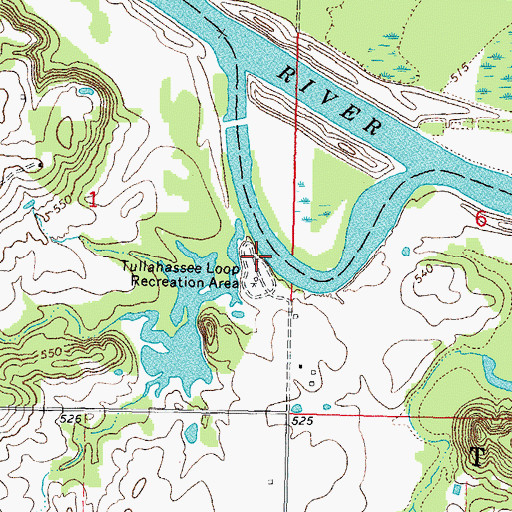 Topographic Map of Tullahassee Loop Recreation Area, OK