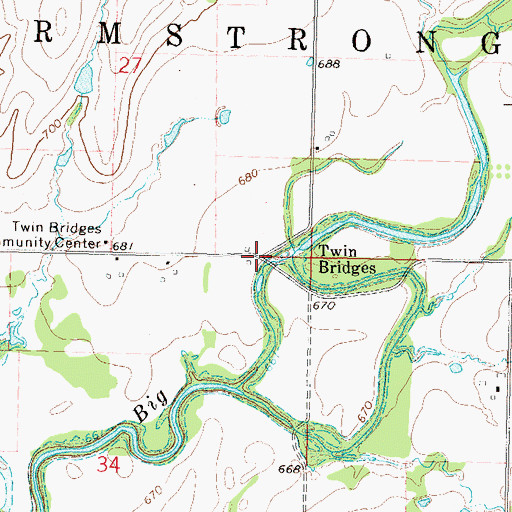 Topographic Map of Twin Bridges, OK