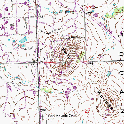 Topographic Map of Twin Mounds, OK