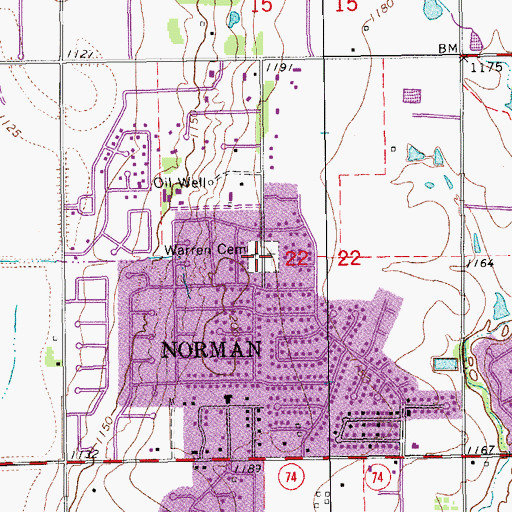 Topographic Map of Warren Cemetery, OK
