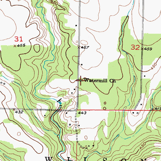 Topographic Map of Watermill Church, OK