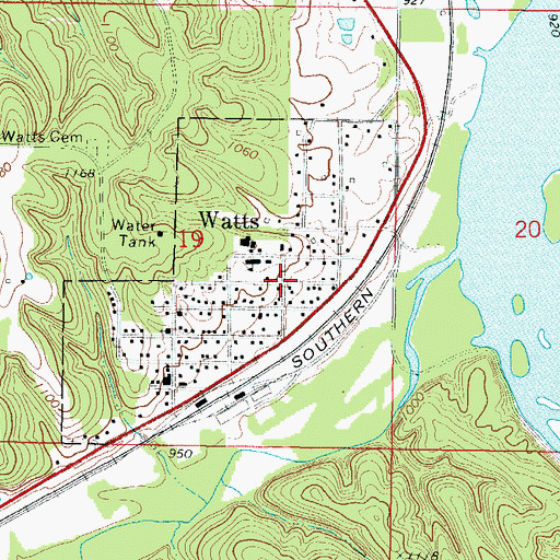 Topographic Map of Watts, OK