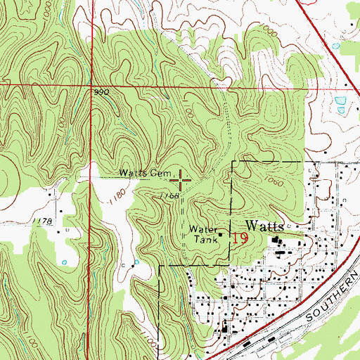 Topographic Map of Watts Cemetery, OK