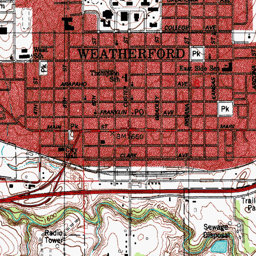 Topographic Map of Weatherford, OK