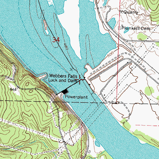 Topographic Map of Webbers Falls Lock and Dam, OK
