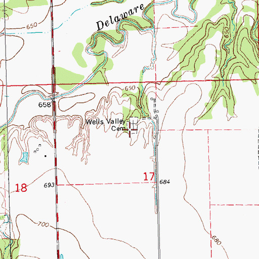 Topographic Map of Wells Valley Cemetery, OK