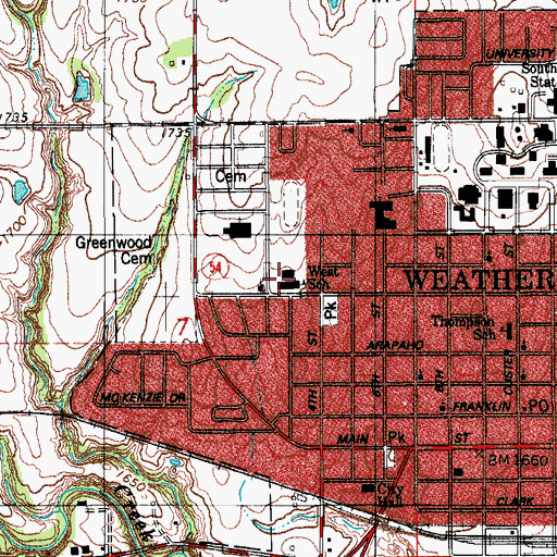 Topographic Map of Weatherford West Elementary School, OK