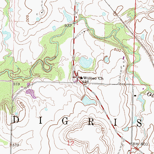 Topographic Map of Willieo Church, OK