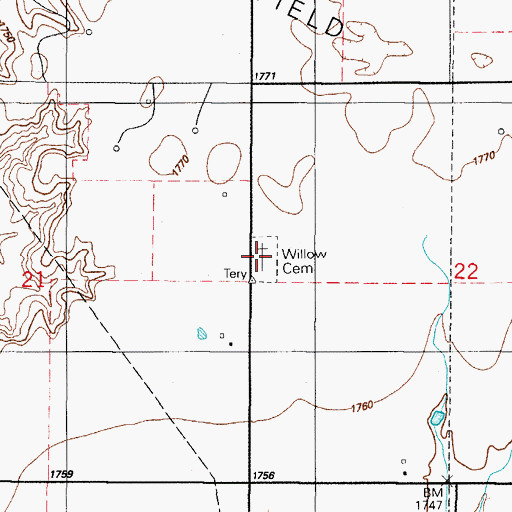 Topographic Map of Willow Cemetery, OK