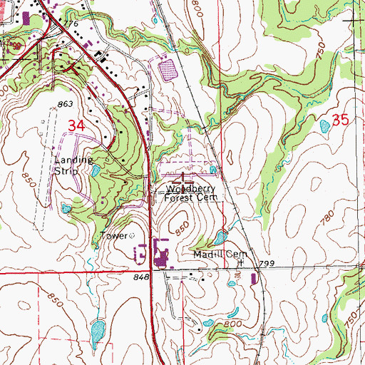 Topographic Map of Woodberry Forest Cemetery, OK