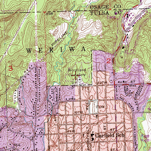 Topographic Map of Woodland Cemetery, OK