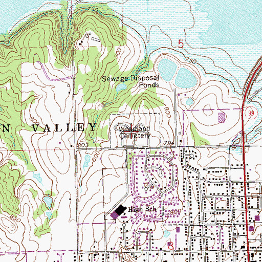 Topographic Map of Woodland Cemetery, OK