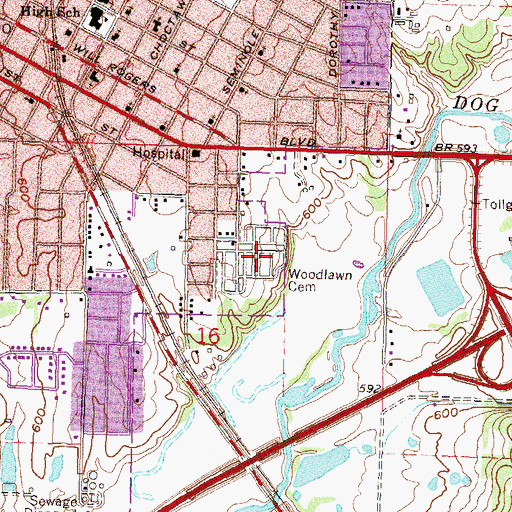 Topographic Map of Woodlawn Cemetery, OK