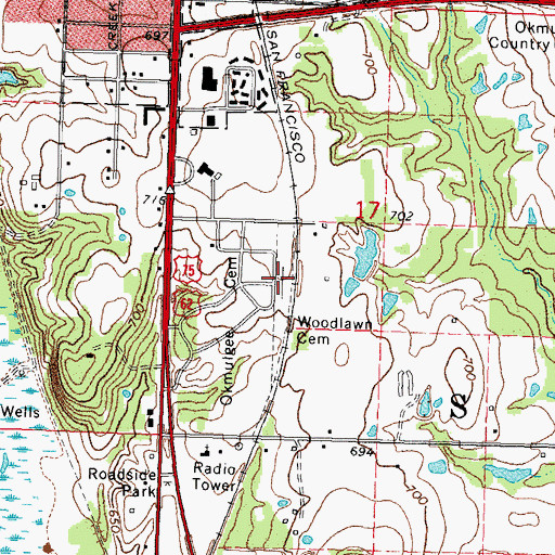 Topographic Map of Woodlawn Cemetery, OK