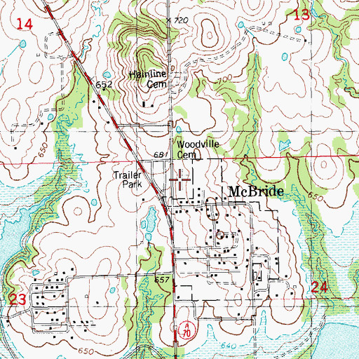 Topographic Map of Woodville Cemetery, OK