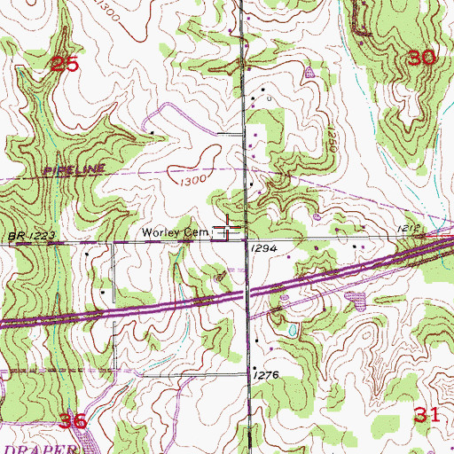 Topographic Map of Worley Cemetery, OK