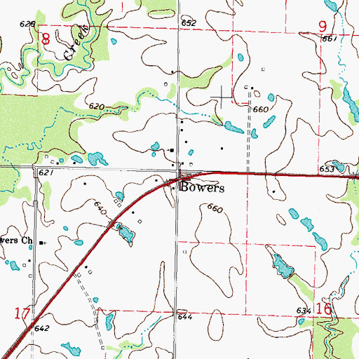 Topographic Map of Bowers, OK
