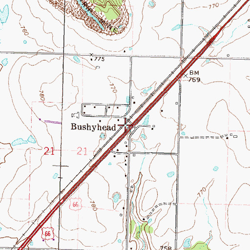 Topographic Map of Bushyhead, OK