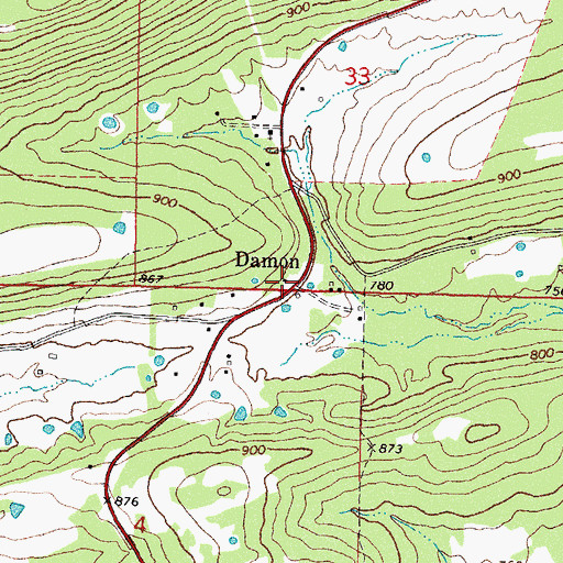 Topographic Map of Damon, OK