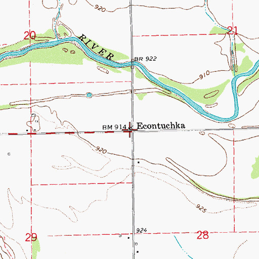 Topographic Map of Econtuchka, OK
